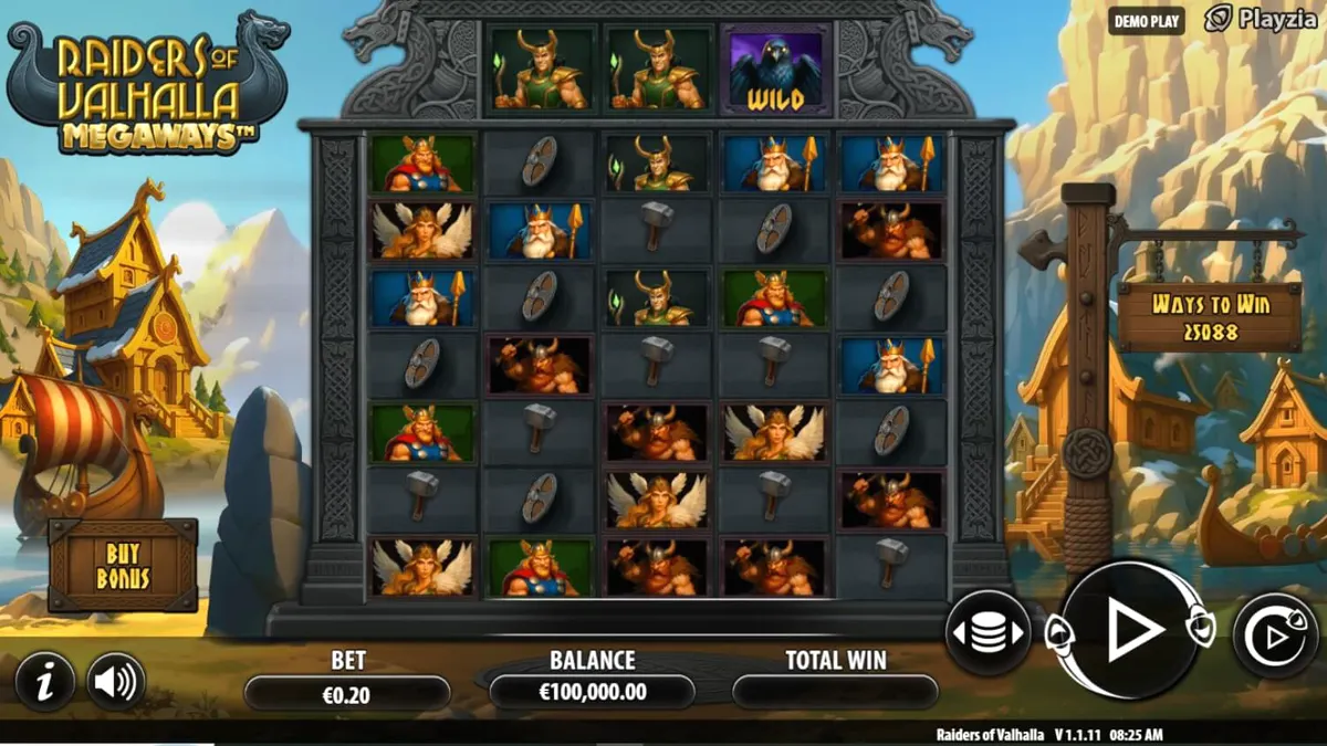 Tampilan layar permainan slot Raiders of Valhalla Megaways™ dengan tema Viking dan mitologi Nordik yang epik.